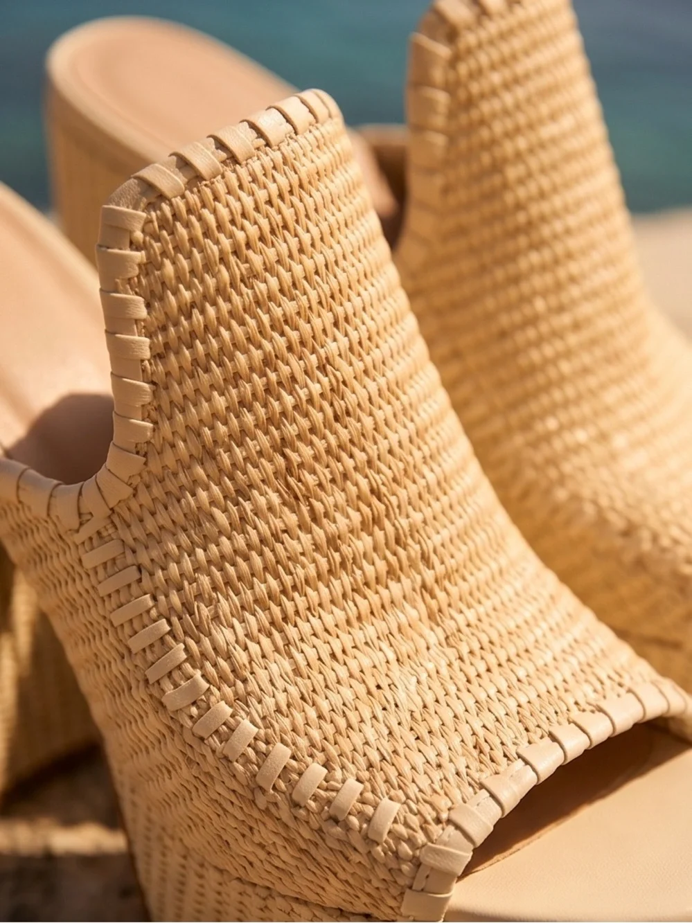 Beige Woven Peep Toe Platform Block high heels sandals size 9